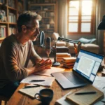 visually represents the theme of your blog, illustrating an author using voice recognition software in a creative writing setting.